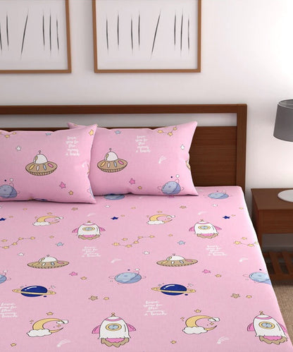 Pink Kids Queen Fitted Bedsheet With 2 Pillow Covers