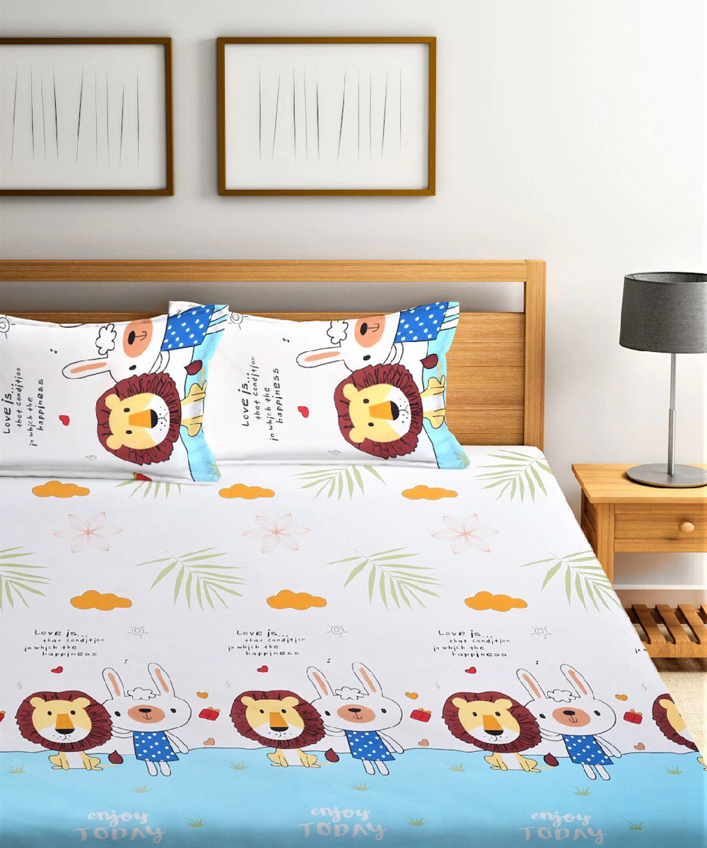 Multi-Color Cartoon Double Bedsheet with 2 Pillow Covers