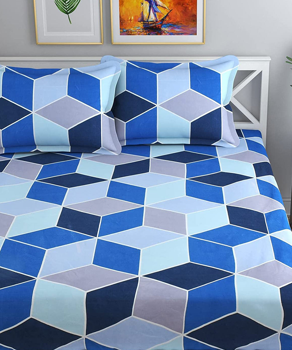 Blue Geometric Fitted Bedsheet With Pillow Cover