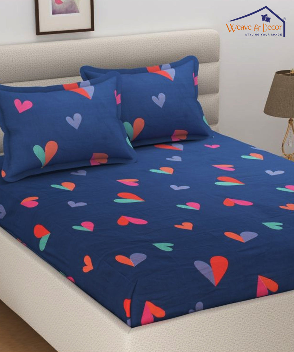 Blue Hearts Fitted Bedsheet With Pillow Cover