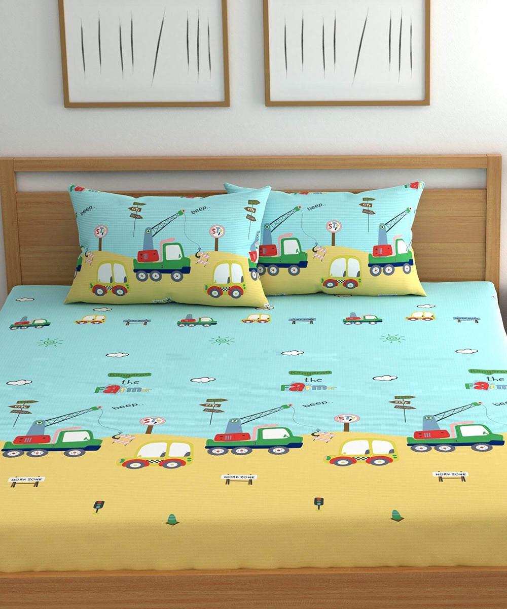 Car Kids Queen Fiited Bedsheet With 2 Pillow Covers