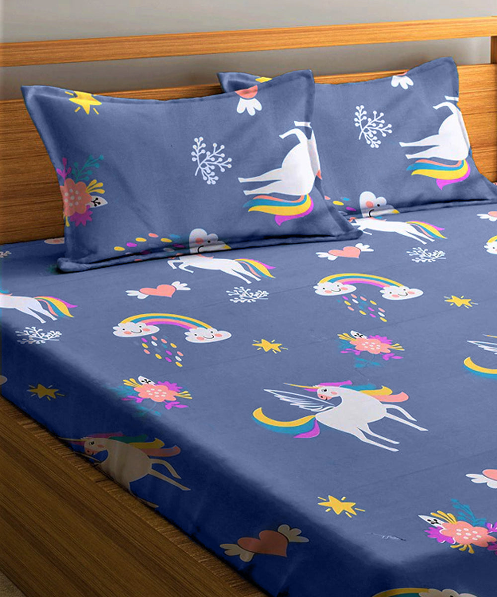 Unicorn Kids Queen Fitted Bedsheet With 2 Pillow Covers