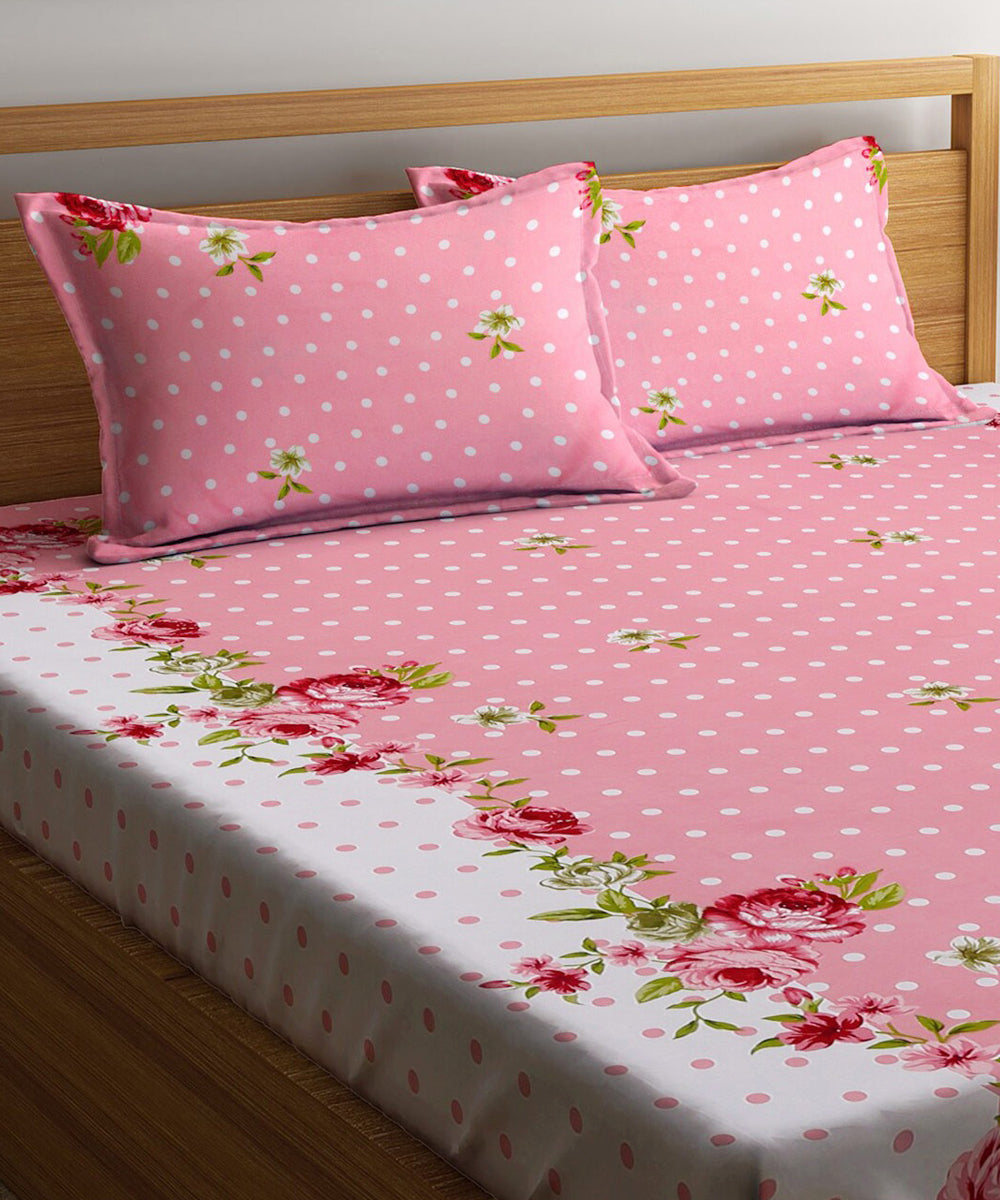 Pink & White Floral Fitted Bedsheet With Pillow Cover