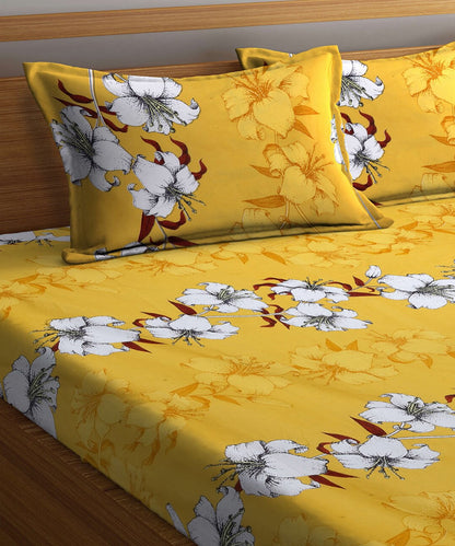 Mustard Floral Super King Fitted Bedsheet With 2 Pillow Covers