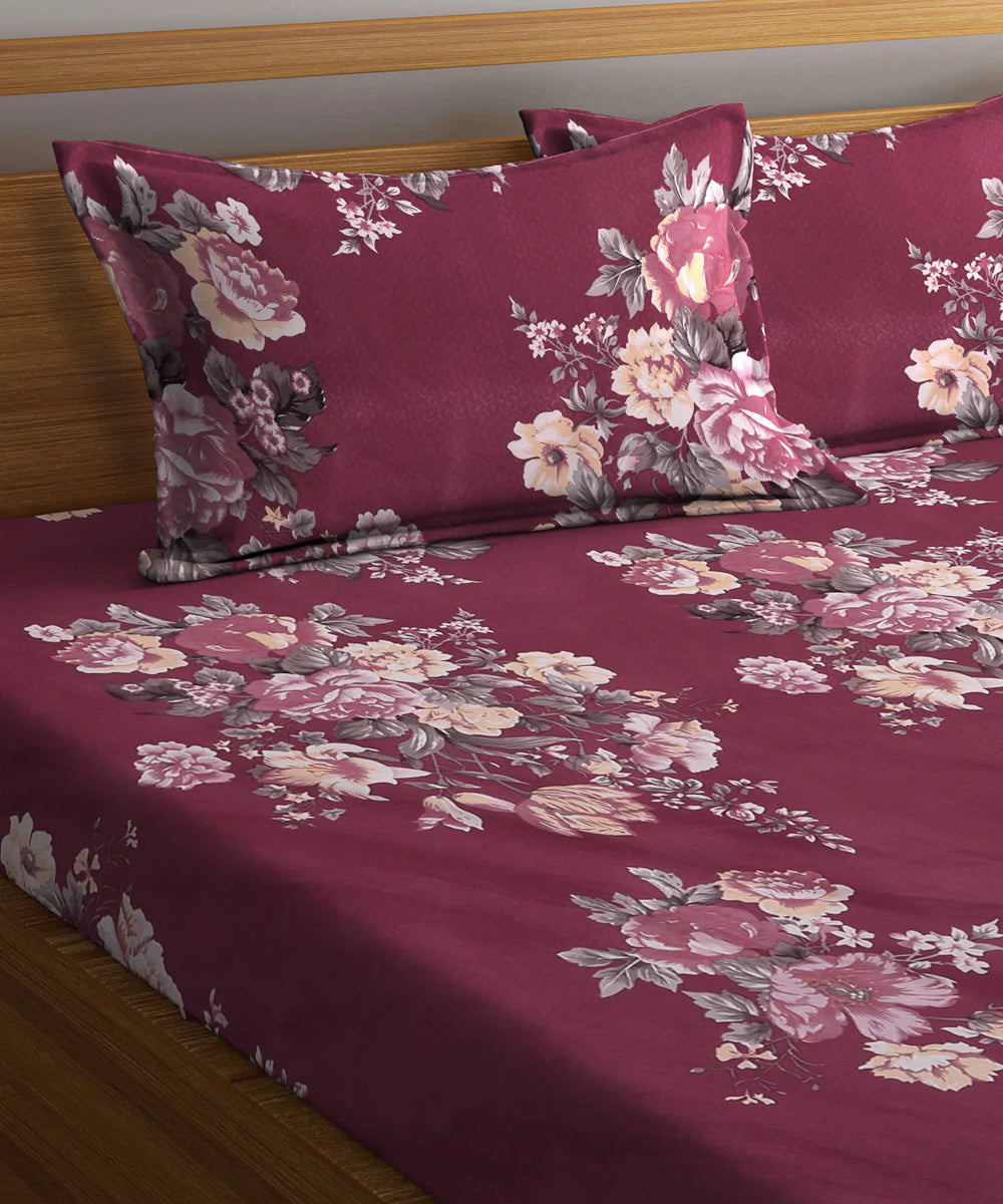 Cherry Floral King Size Bedsheet With 2 Pillow Covers