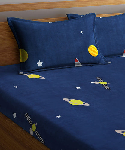 Space Printed Queen Fitted Bedsheet With 2 Pillow Covers