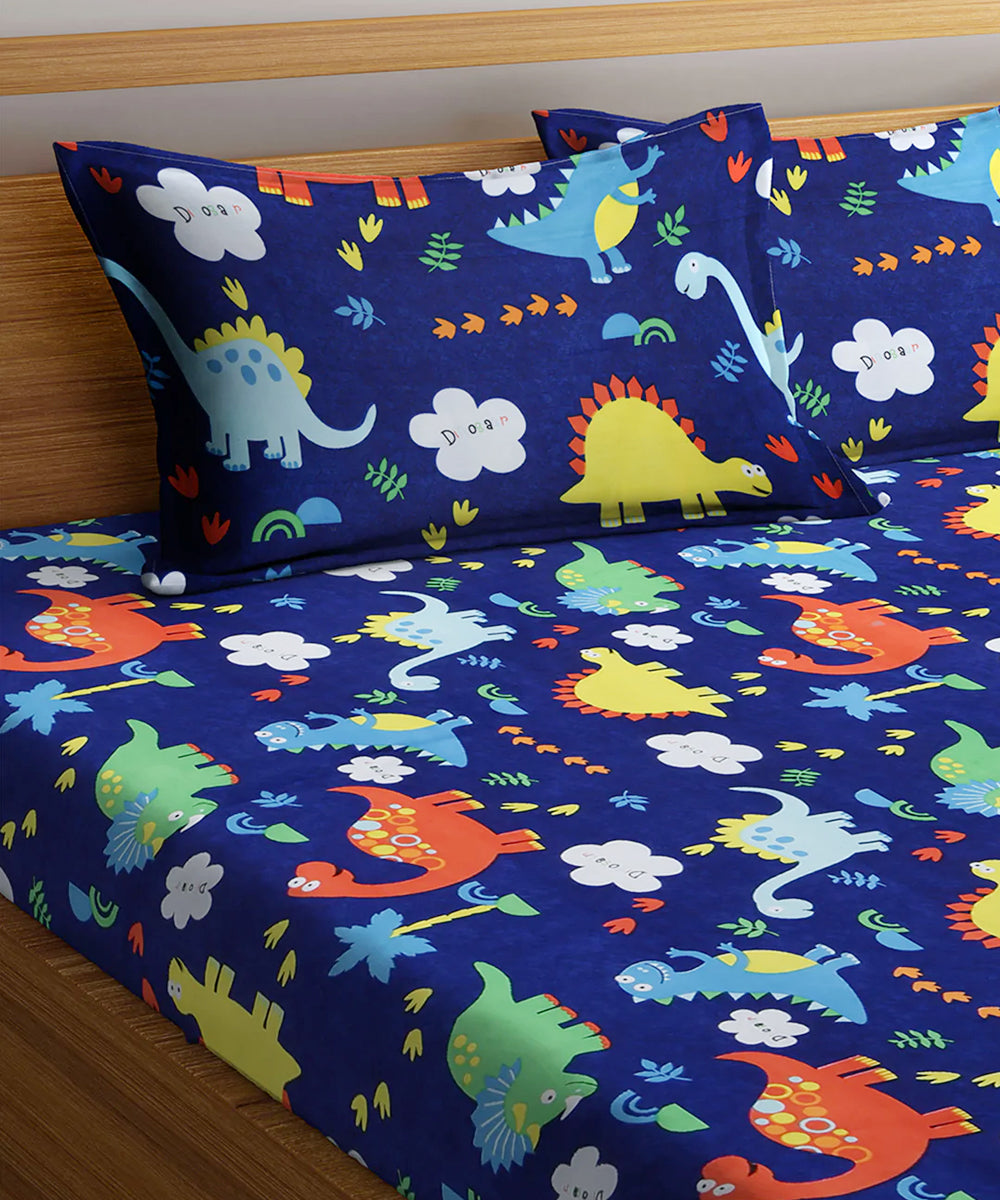 Blue Dinasaur Kids Fitted Bedsheet With Pillow Cover