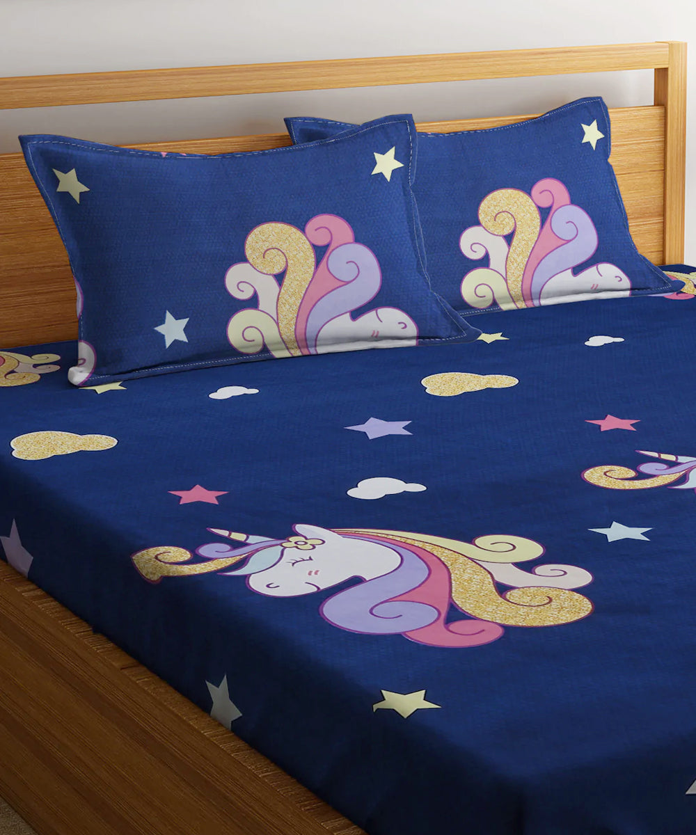 Unicorn Kids Queen Fitted Bedsheet With 2 Pilliow Covers