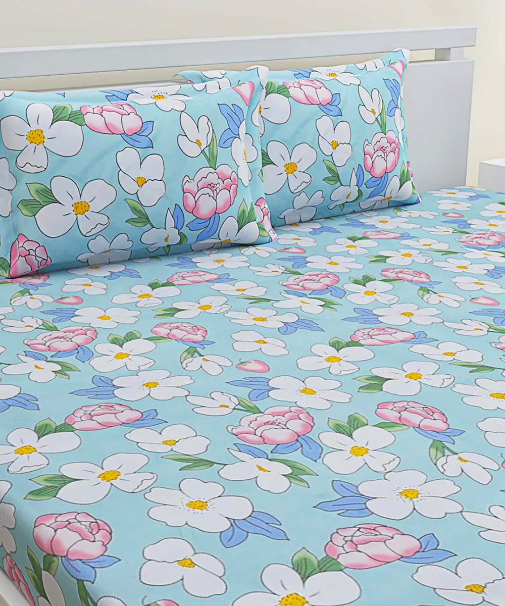 Green Floral Fitted Bedsheet With Pillow Cover