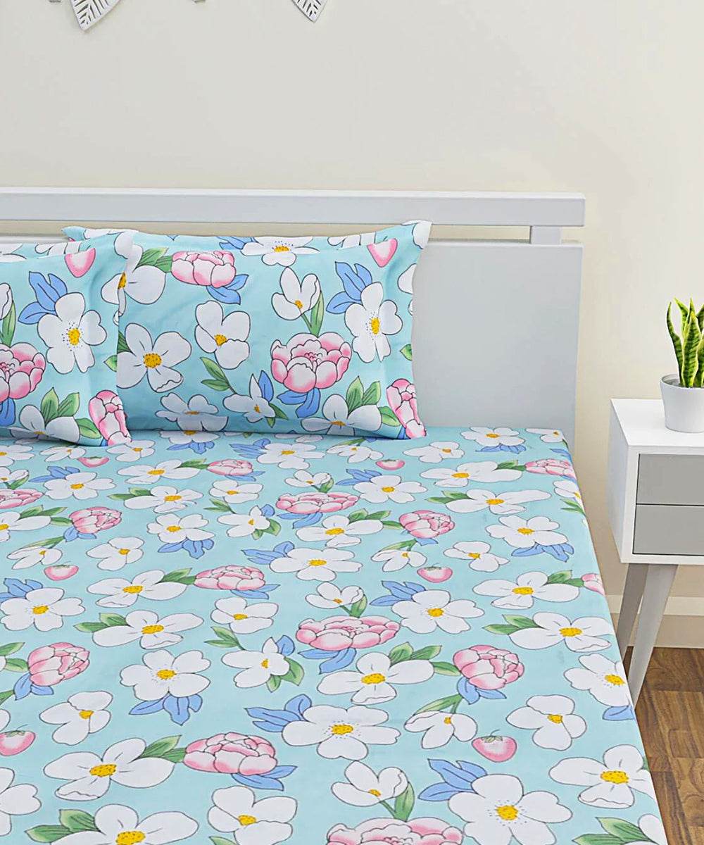 Green Floral Fitted Bedsheet With Pillow Cover