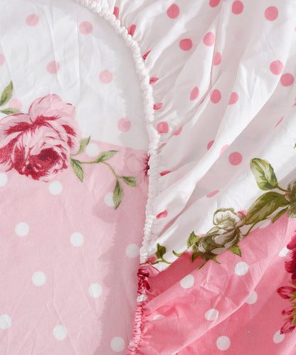 Pink & White Floral Fitted Bedsheet With Pillow Cover