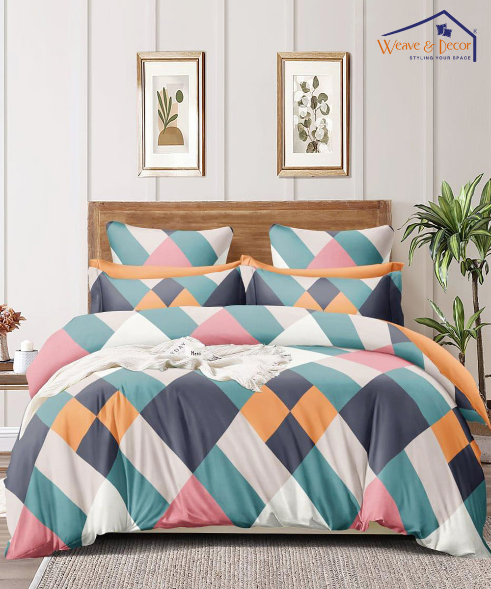 Multicoloured Squares Fitted Bedsheet With Pillow Cover