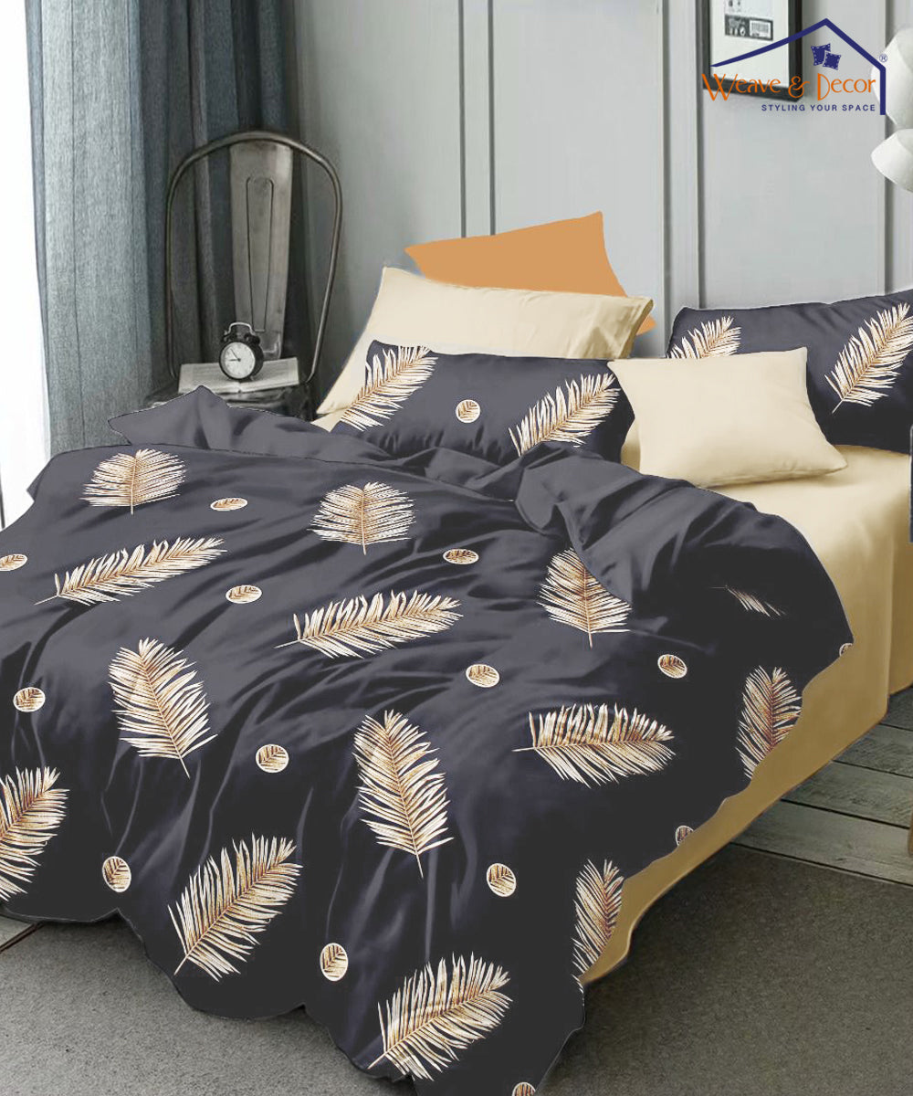 Grey Leaves Fitted Bedsheet With Pillow Cover