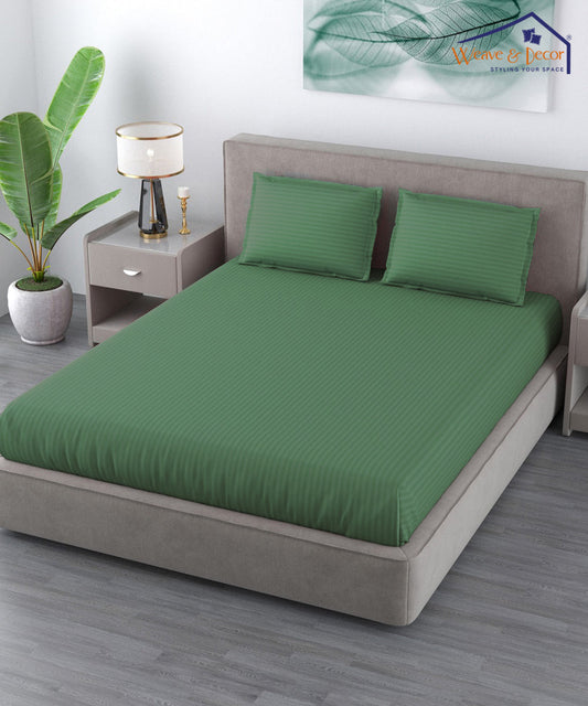 Dark Green Satin Stripe King Fitted Bedsheet With 2 Pillow Covers
