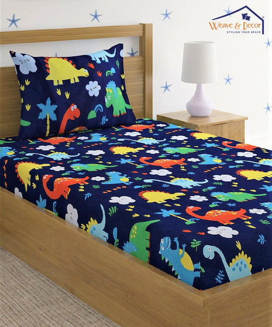 Blue Dinosaur Kids Flat Bedsheet With Pillow Covers