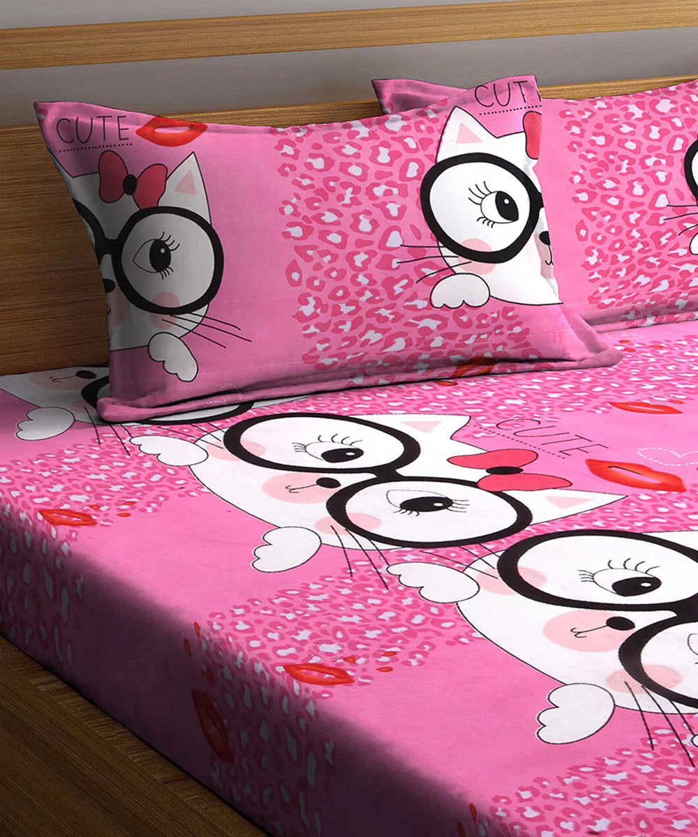 Cute Cat Kids Super King Fitted Bedsheet With 2 Pillow Covers