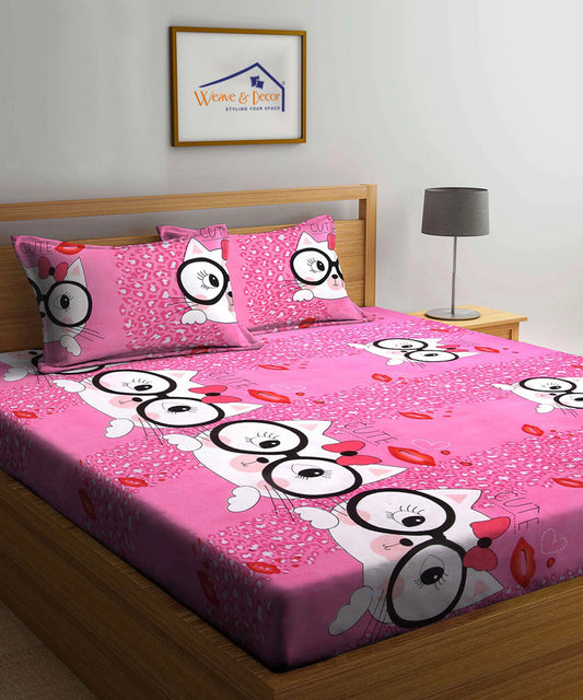 Cute Cat Kids Queen Fitted Bedsheet With 2 Pillow Covers
