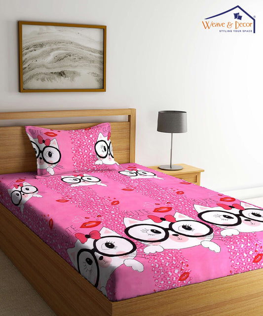 Cute Cat Kids Single Fitted Bedsheet With 1 Pillow Cover