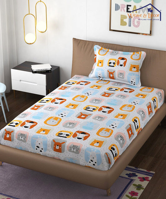 Cuddly Critters Kids Single Fitted Bedsheet With 1 Pillow Cover
