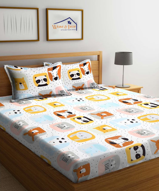 Cuddly Critters Kids King Fitted Bedsheet With 2 Pilliow Covers
