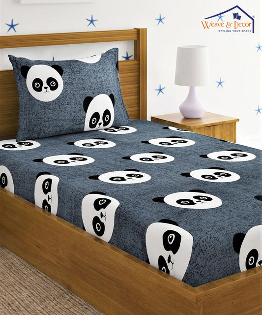 Grey Pandas Single Fitted Bedsheet With 1 Pillow Cover