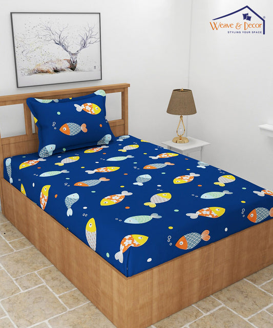 Blue Fish Kids King Size Bedsheet With 2 Pillow Covers