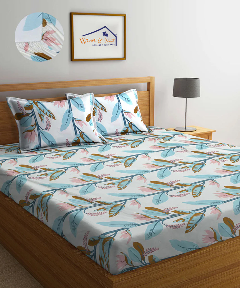 Green and Beige Floral Fitted Bedsheet With Pillow Cover