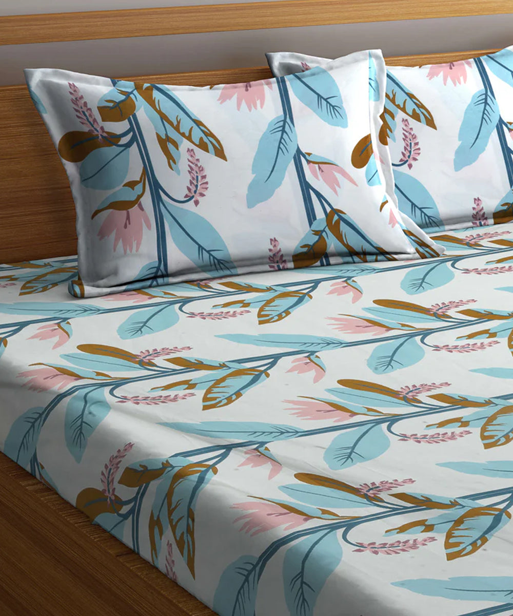 Green and Beige Floral King Fitted Bedsheet With 2 Pillow Covers