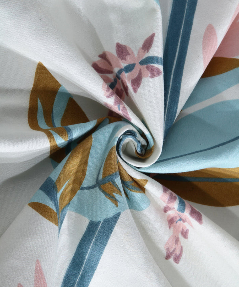 Green and Beige Floral King Fitted Bedsheet With 2 Pillow Covers