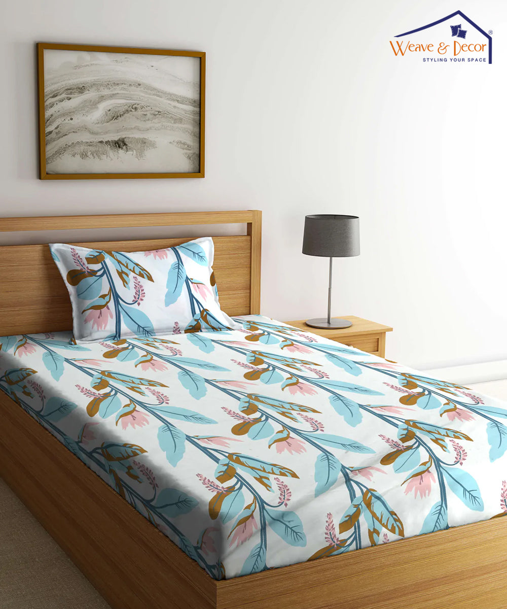 Green Floral Single Fitted Bedsheet With 1 Pillow Cover