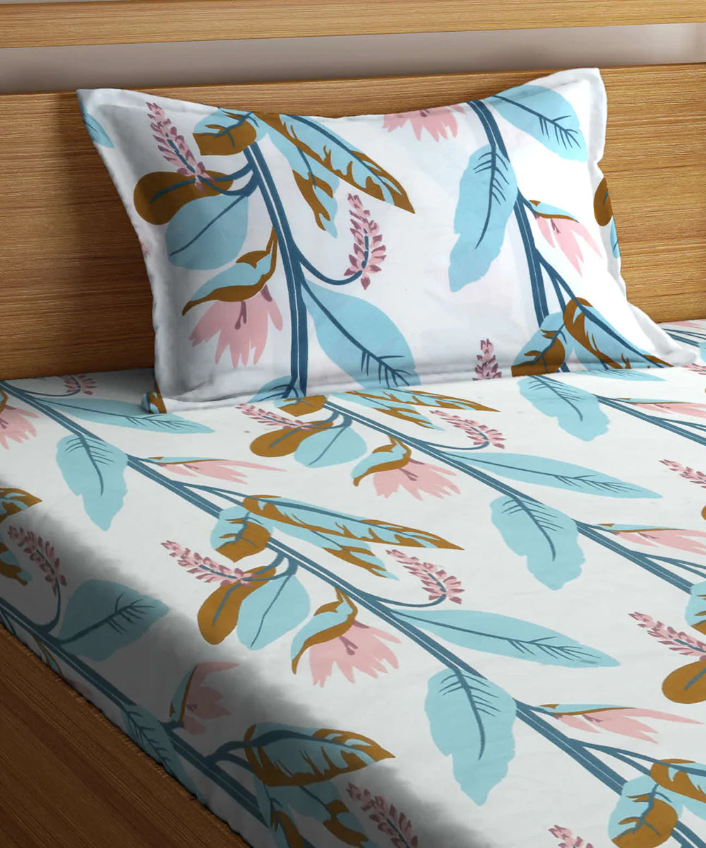 Green Floral Single Fitted Bedsheet With 1 Pillow Cover