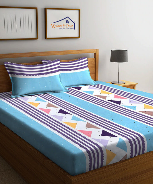 Blue Geometric Fitted Bedsheet With Pillow Cover