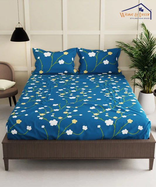 Blue Floral Fitted Bedsheet With Pillow Cover