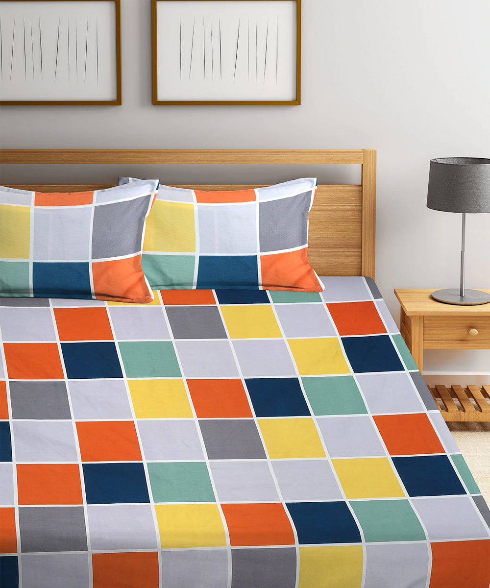 Multicolor Checks Fitted Bedsheet With Pillow Cover