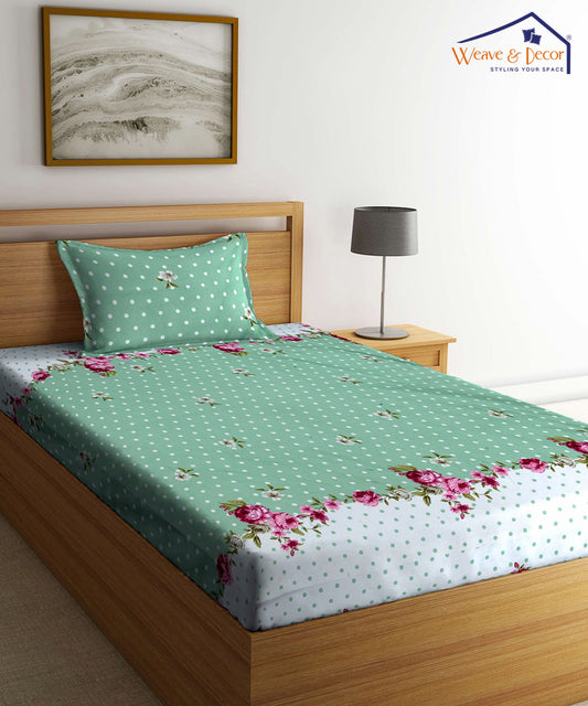 Green & White Single Fitted Bedsheet With 1 Pillow Cover
