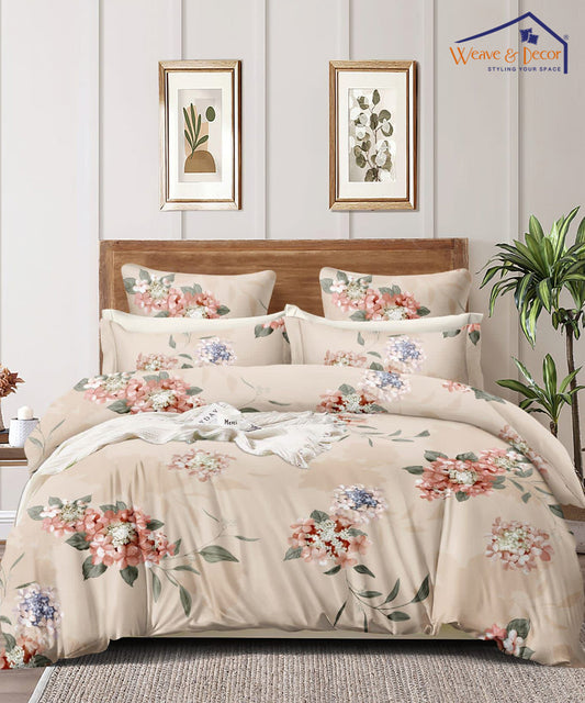 Beige Floral Fitted Bedsheet With Pillow Cover