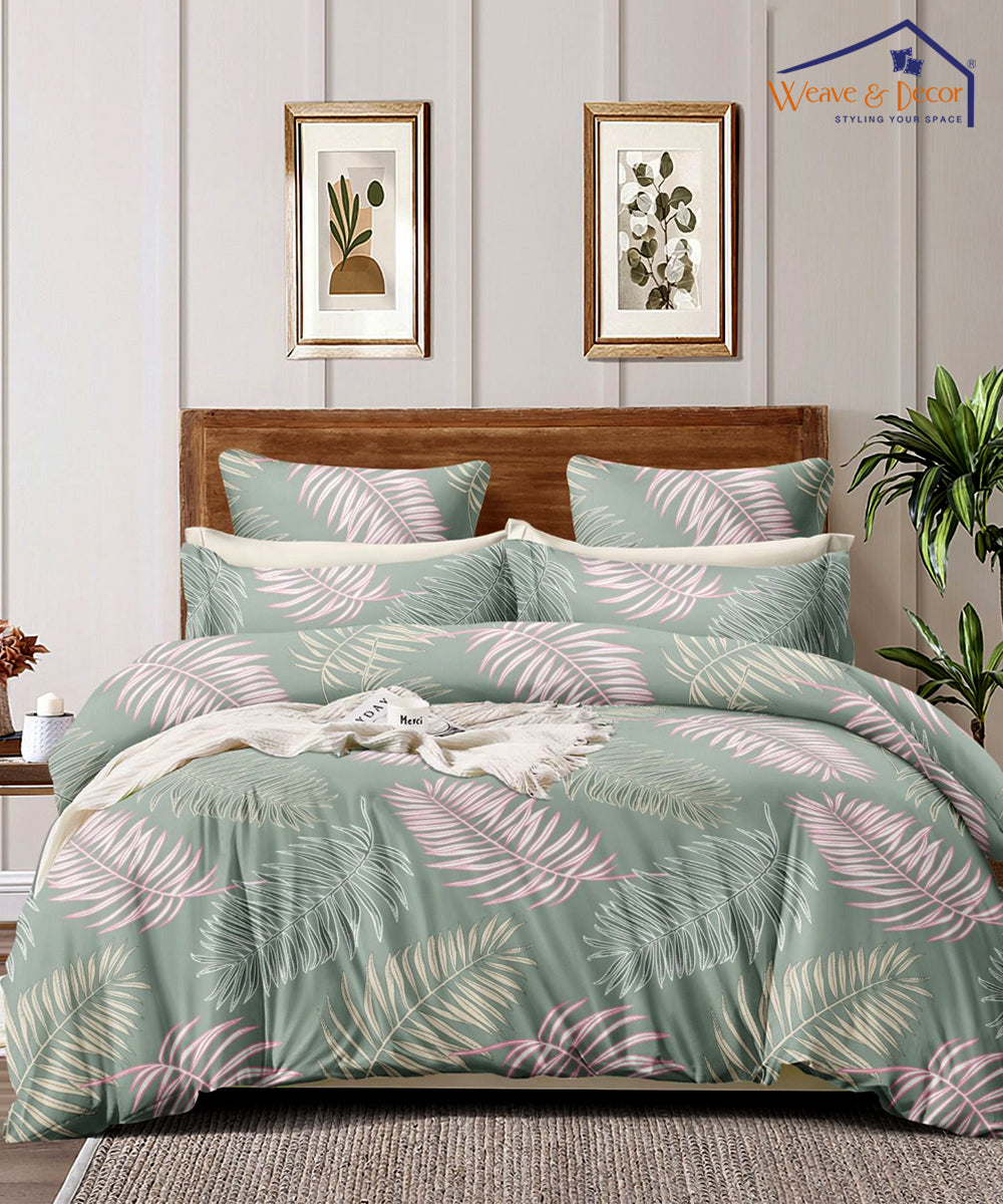 Green Leaves King Fitted Bedsheet With 2 Pillow Covers
