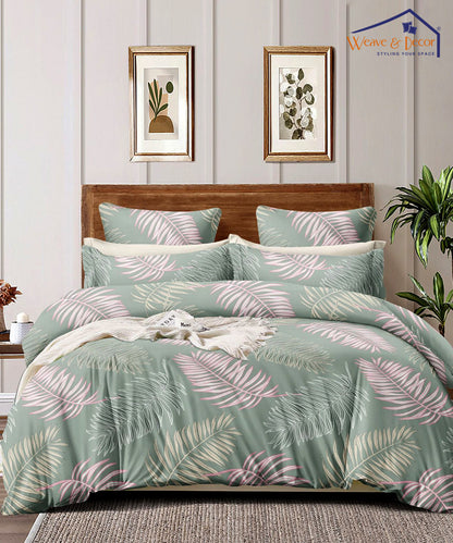 Green Leaves King Fitted Bedsheet With 2 Pillow Covers