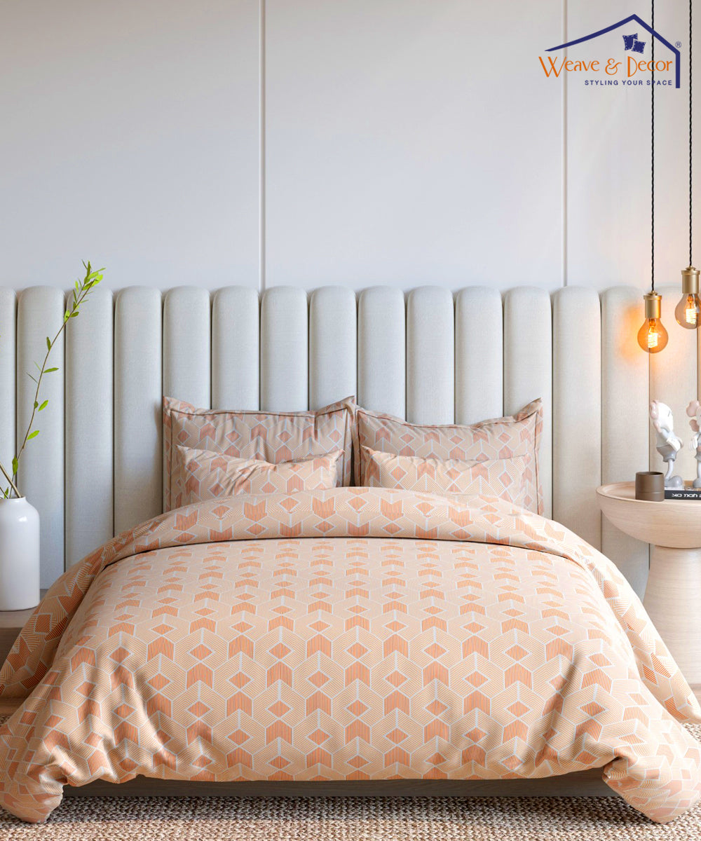 Peach Geometric Fitted Bedsheet With Pillow Cover