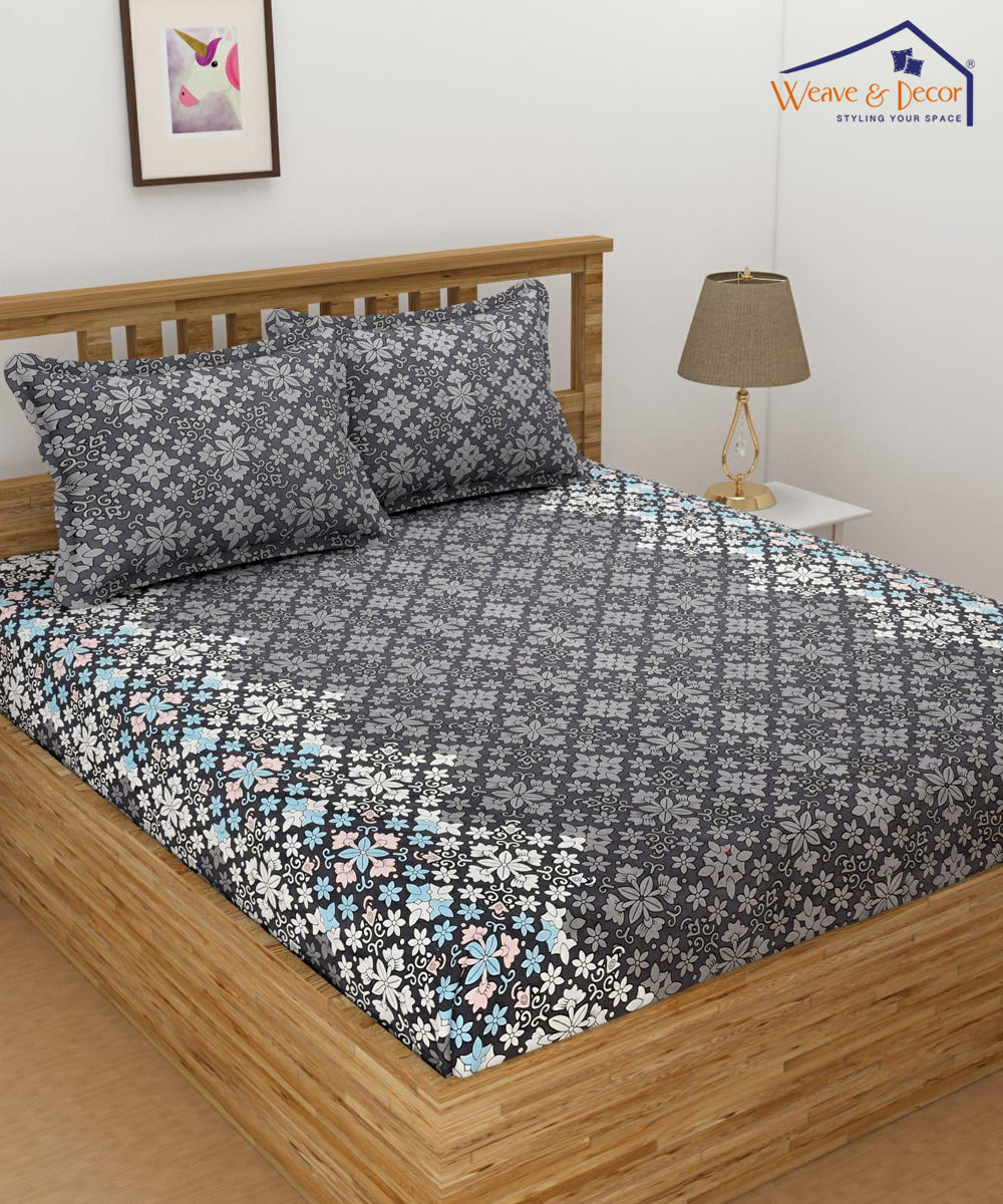 Damask Pattern  Floral Super King Fitted Bedsheet With 2 Pillow Covers