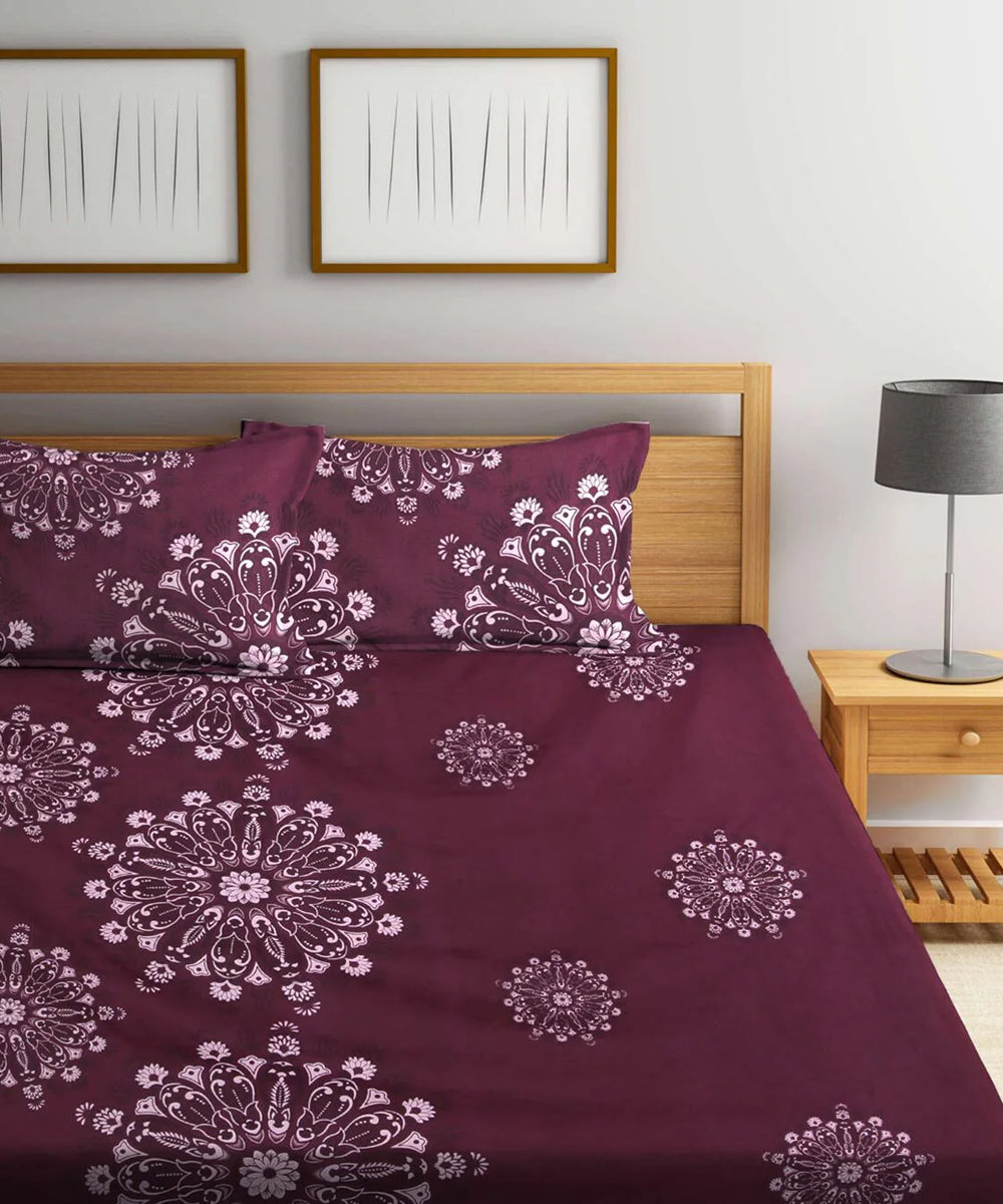 Wine Floral Flat Bedsheet With Pillow Covers