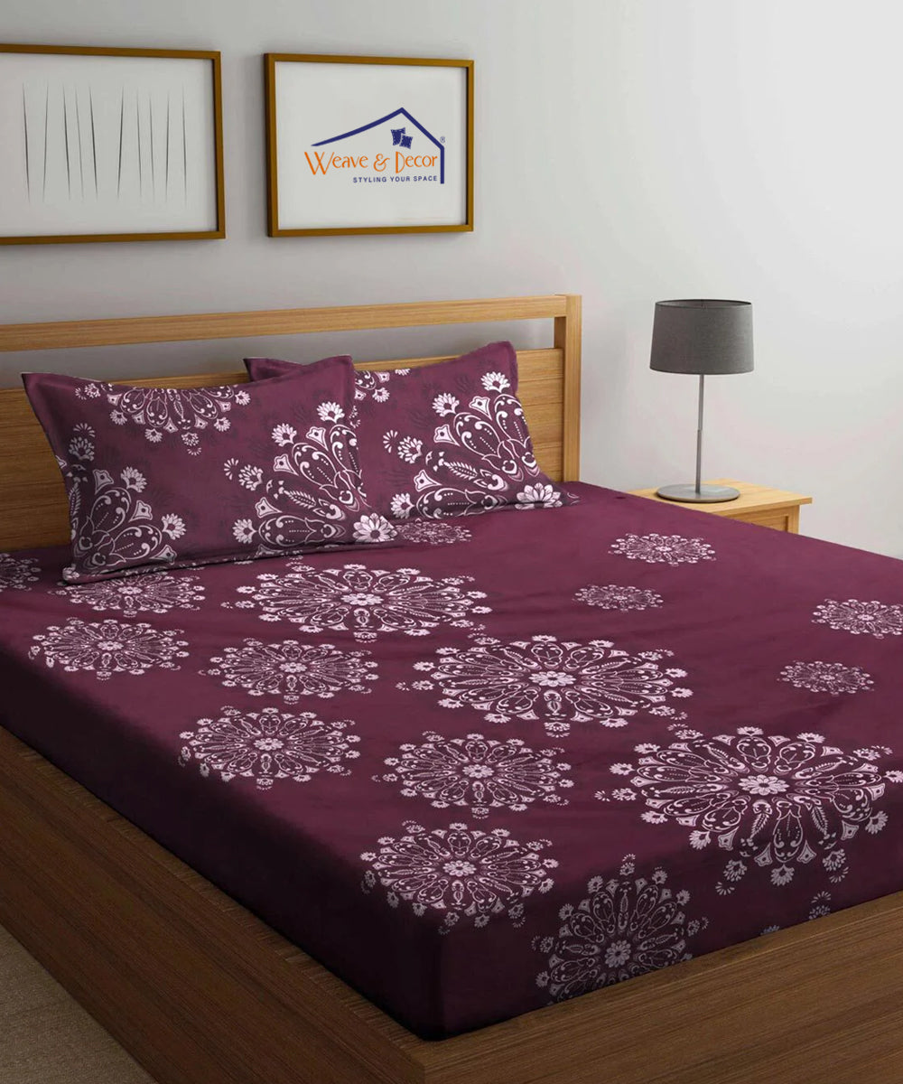Wine Floral Flat Bedsheet With Pillow Covers
